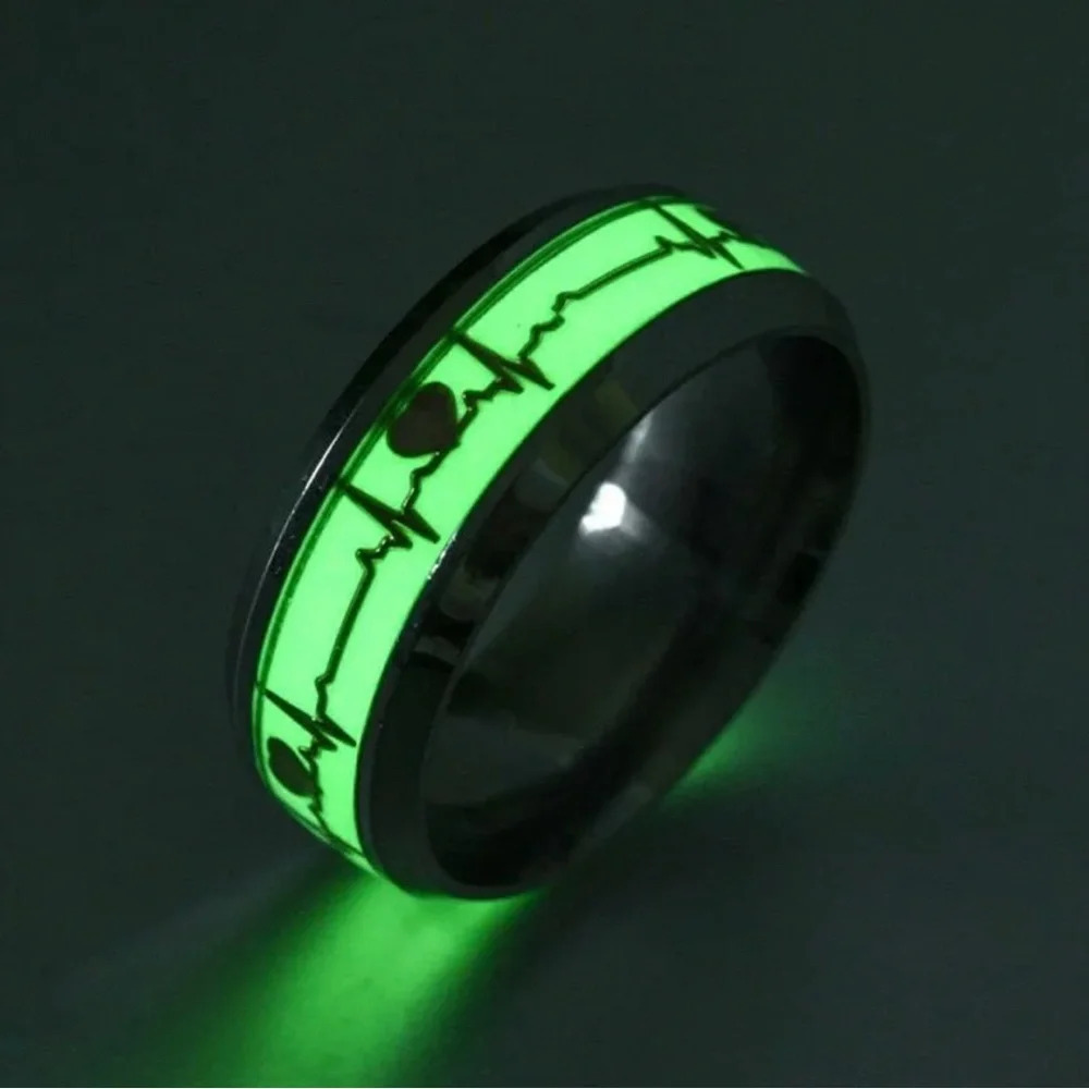 Glow In The Dark Stainless Steel Heartbeat Band Ring - Size 7